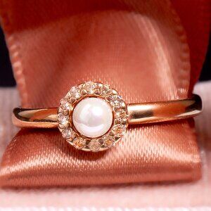 Gold-Plated 925 Sterling Silver Pearl Ring • CZ Accents • Size 6 Dainty Ring